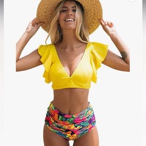 Ruffle high waist swimming suit , tropical print bikini